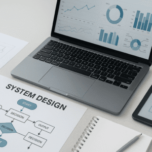 Technical workspace with diagrams, flowcharts, and digital interfaces illustrating the structure and planning of a system design course.