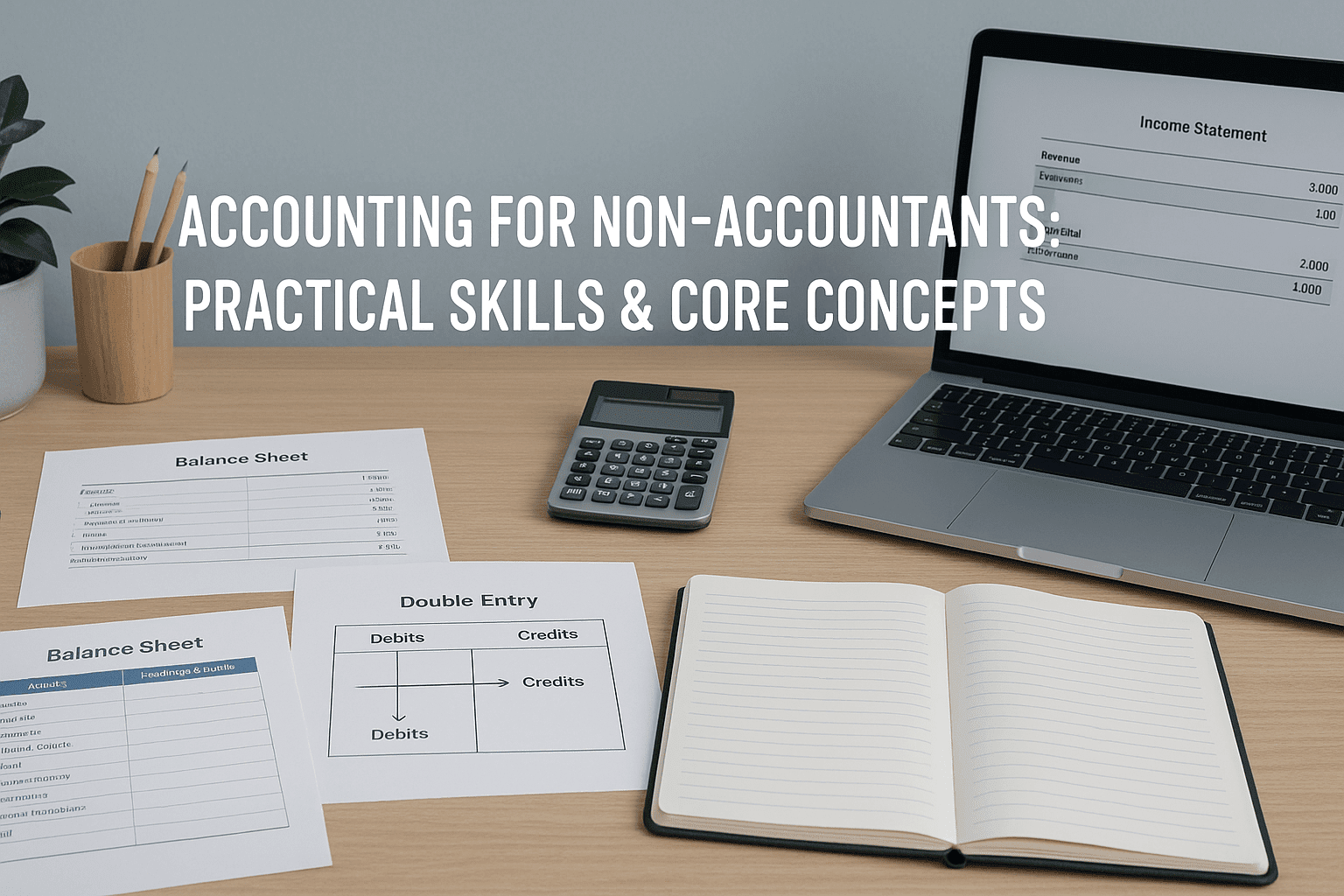 A UK-style workspace with financial statements, ledgers, and accounting tools, illustrating an accounting for beginners training environment.