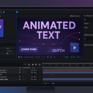 After Effects crash course showing motion graphics timeline, animated text, keyframes, and social media video design workspace