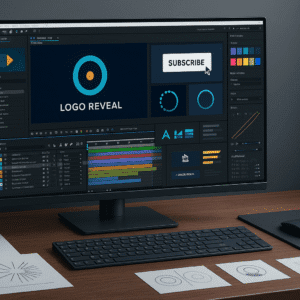 After Effects motion graphics workspace showing animated timelines, logo reveals, video bumpers, keyframes, and smooth transitions