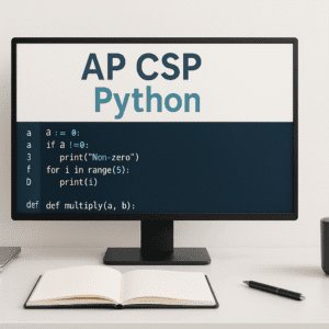 AP CSP Python programming course showing coding concepts, algorithms, data, and digital systems on a modern learning workspace