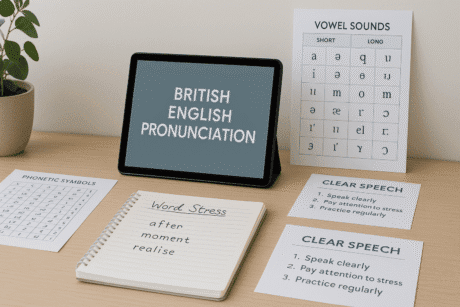 Modern learning workspace showing phonetic charts and speech tools for British English pronunciation and clear spoken English.