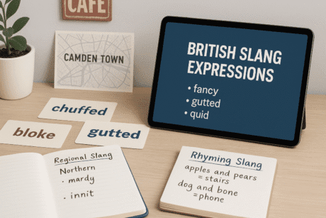 Modern language-learning workspace illustrating British slang expressions, regional phrases, and everyday spoken British English.
