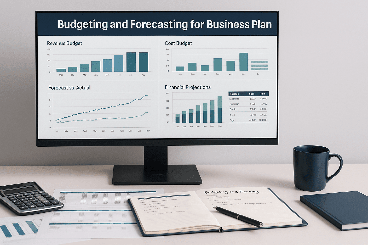 Budgeting and forecasting dashboard showing revenue budgets, cost planning, forecasts, and financial projections for business planning
