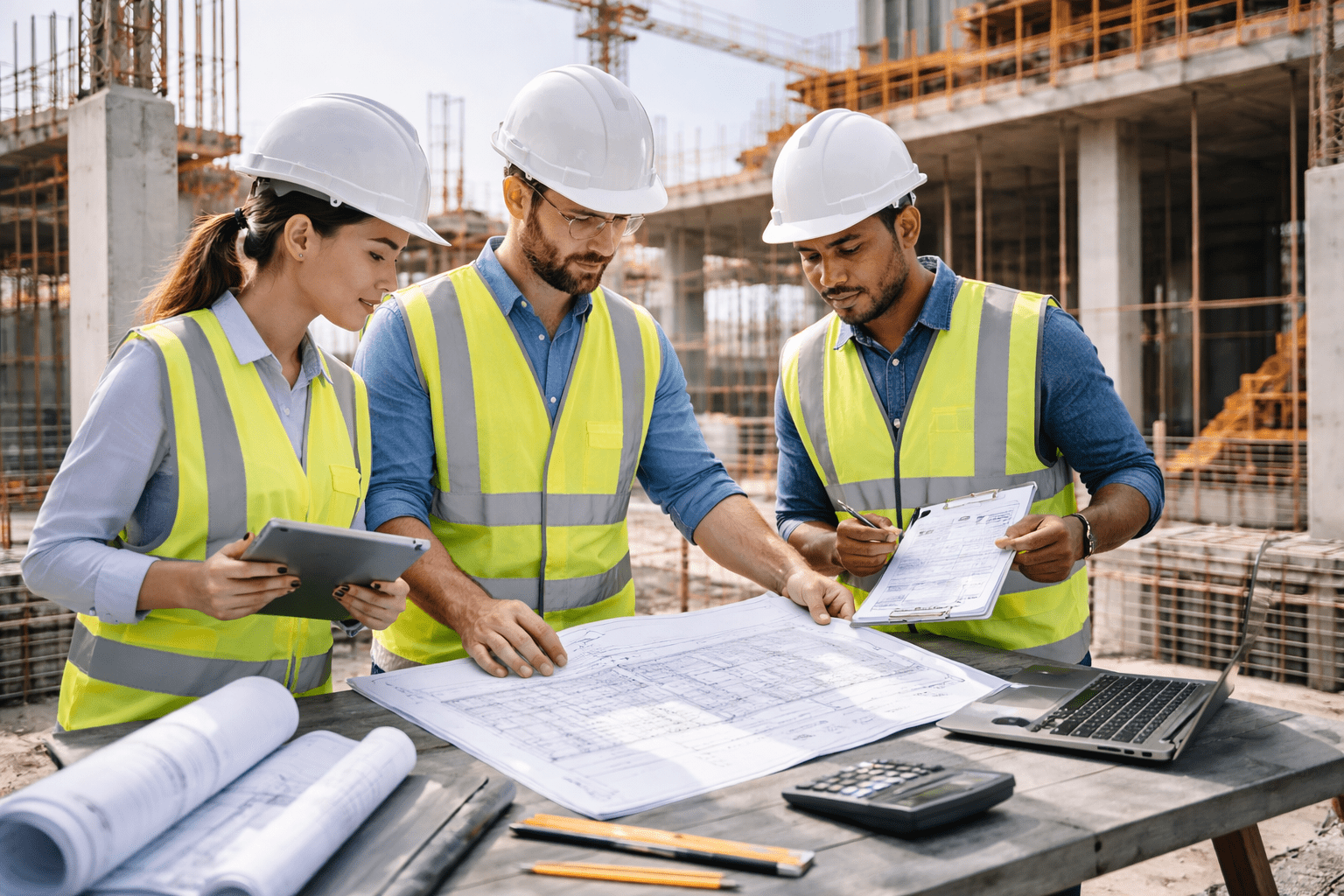 Building construction fundamentals shown on a modern construction site with engineers reviewing RCC drawings and quantities