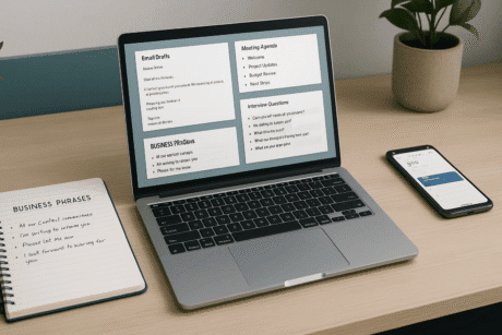 Professional office learning workspace representing business English communication skills for workplace conversations and writing.