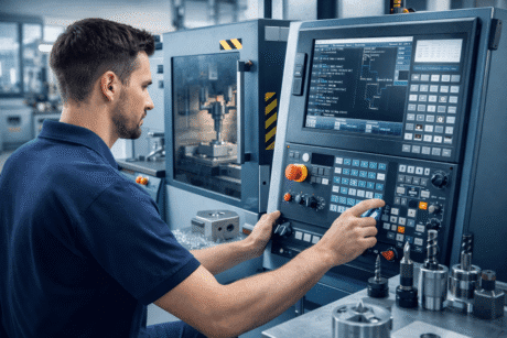 Engineer learning cnc milling programming using G-code on a modern CNC milling machine in a professional workshop