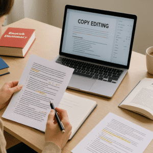 A UK learner studying documents with notes, grammar tools, and style guides for copy editing and proofreading mastery.