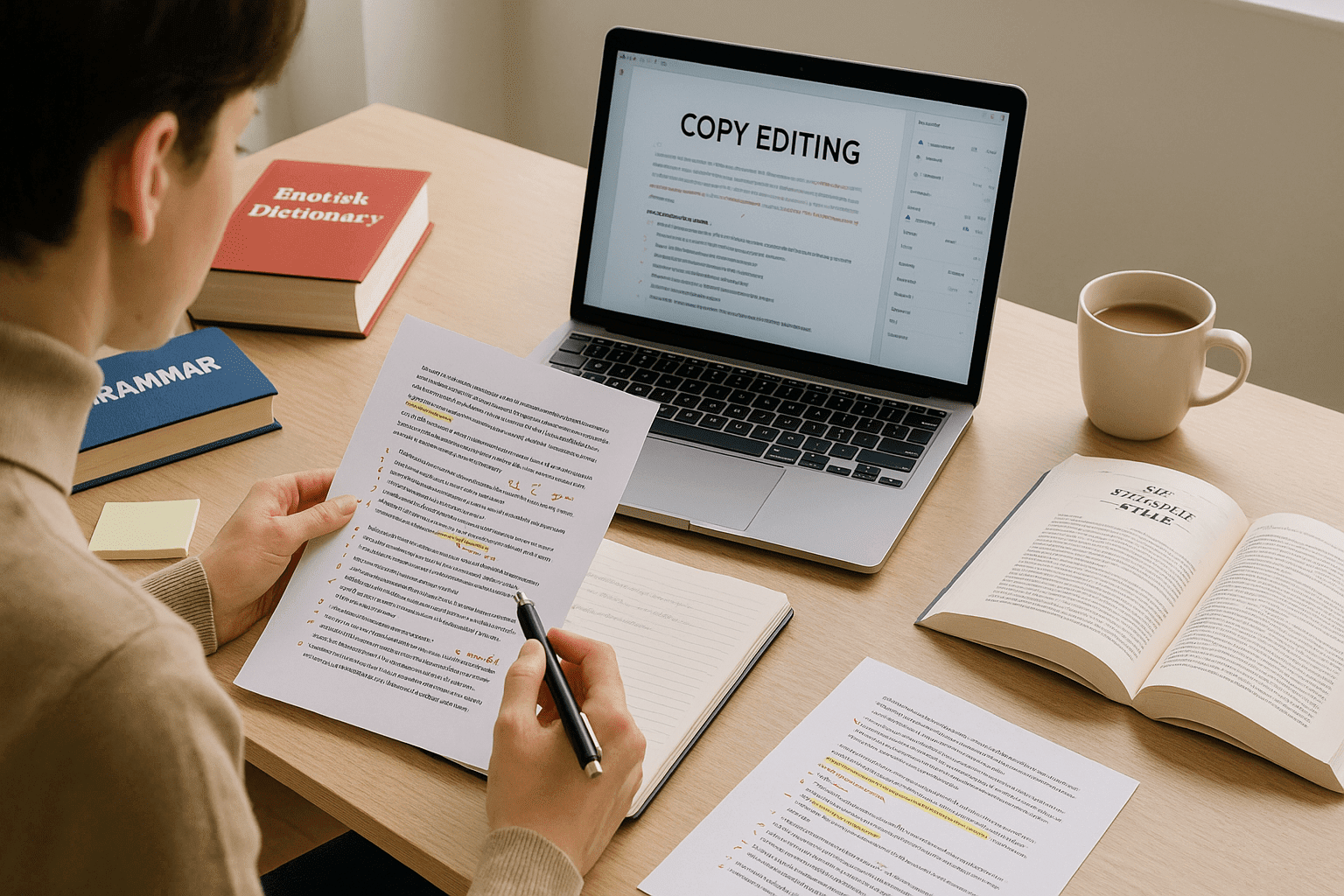 A UK learner studying documents with notes, grammar tools, and style guides for copy editing and proofreading mastery.
