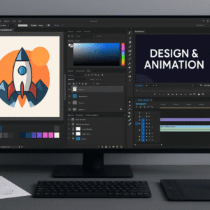 Design & Animation Masterclass workspace showing Illustrator, Photoshop, and After Effects projects, creative tools, and animation timelines