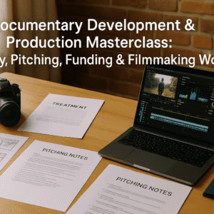 A UK-style workspace showing documentary production masterclass tools, storyboards, cameras and editing screens.