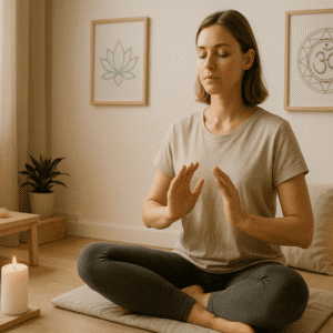 A peaceful UK-style meditation space with soft lighting, healing symbols, and a learner practising energy healing meditation.