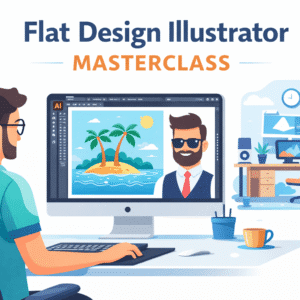 Flat Design Illustrator course showing modern vector artwork created in Adobe Illustrator with clean shapes and vibrant colours