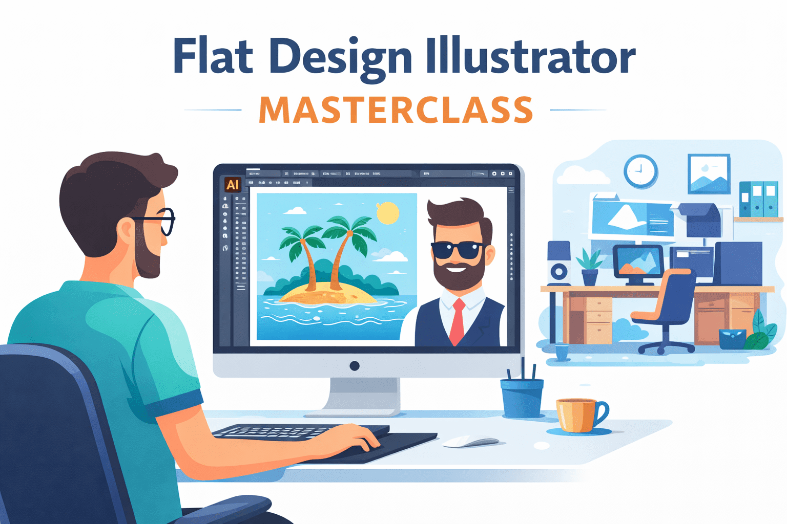 Flat Design Illustrator course showing modern vector artwork created in Adobe Illustrator with clean shapes and vibrant colours