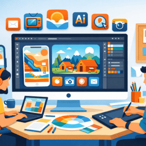 Flat design illustrator workspace showing modern scenes, icons and mobile UI illustrations created in Adobe Illustrator