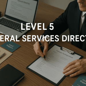 UK funeral services director arranging ceremony details with embalming tools and professional documentation on a modern workspace table.