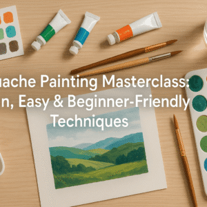 Tidy UK-style desk with gouache painting setup, brushes and colour mixing, showing gouache painting techniques for beginners.