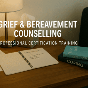 A calm UK-style counselling setting with notes, books and soft lighting, illustrating grief bereavement counselling themes.