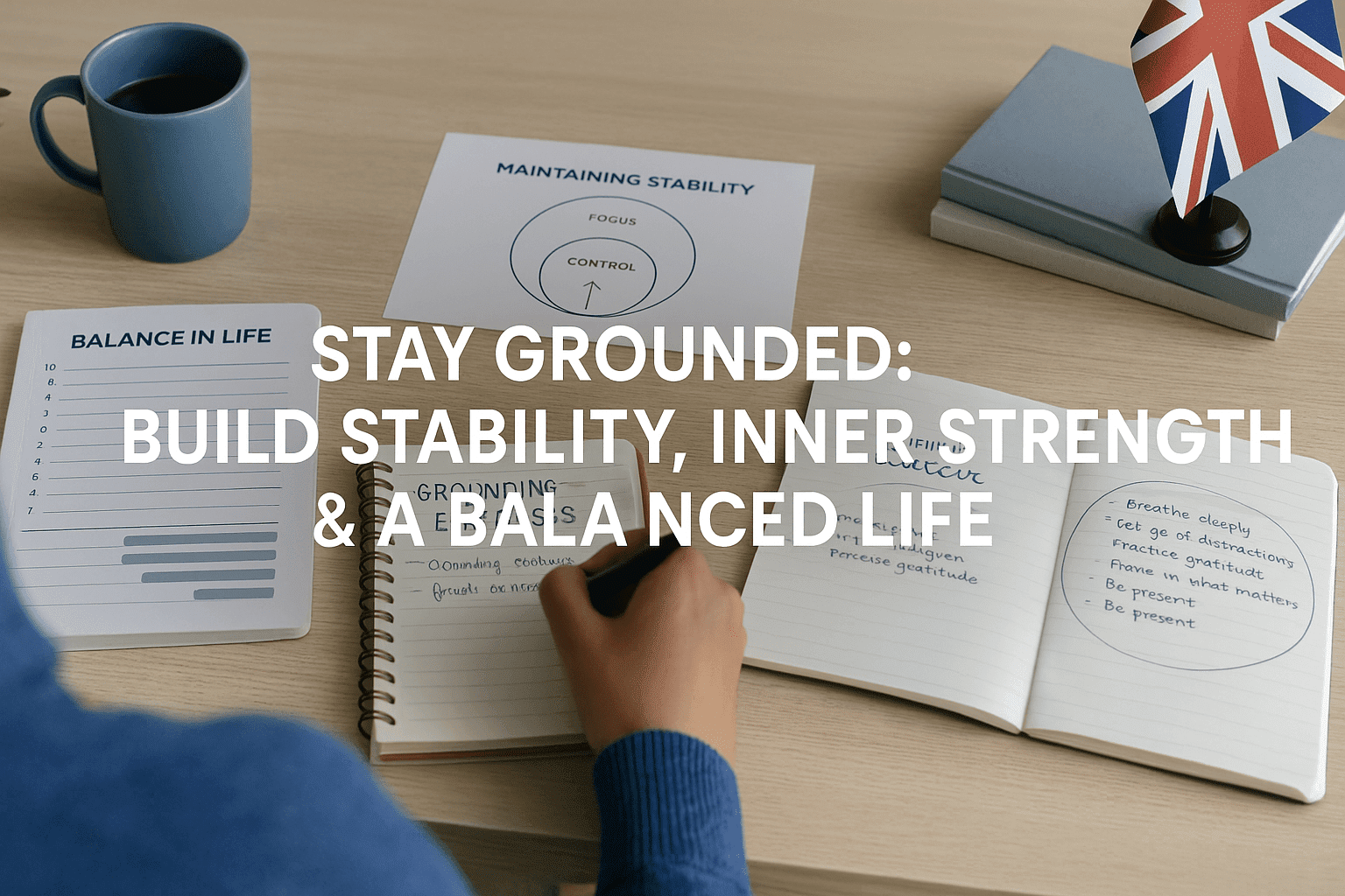 A learner practising grounded living exercises at a tidy UK desk with stability planners, balance worksheets and calm-focus notes.