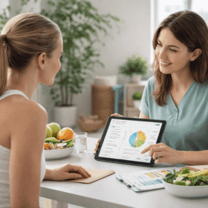 Professional holistic health coach guiding a client on nutrition, fitness and lifestyle planning in a modern wellness setting