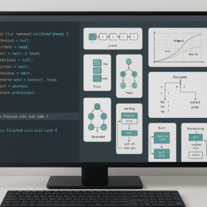 Java data structures and algorithms visualised with trees, graphs, sorting flows, and Big O complexity diagrams on screen