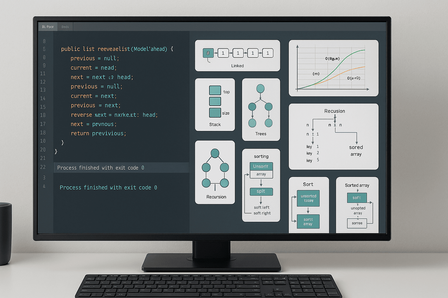 Java data structures and algorithms visualised with trees, graphs, sorting flows, and Big O complexity diagrams on screen