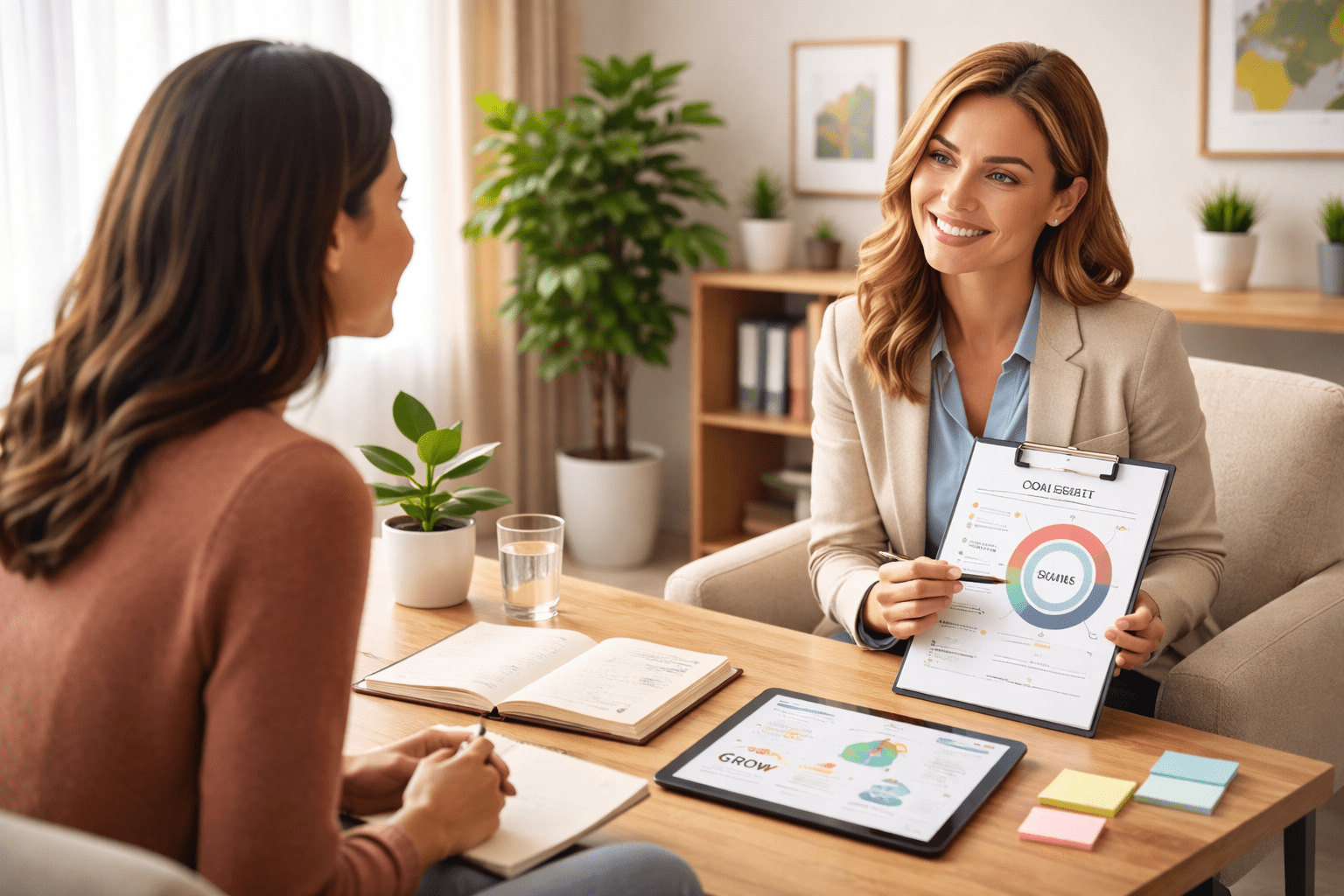 Professional life coaching certification training showing a coach guiding a client through goal setting and personal development