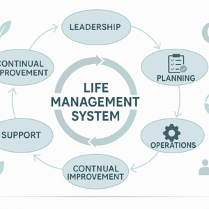 Life Management System framework showing leadership, planning, sustainability, and continual improvement principles