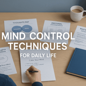 A learner studying mind control techniques at a tidy UK desk with thought-mapping diagrams and emotional-awareness tools.