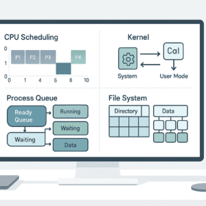 Operating system concepts visual showing CPU scheduling, file systems, and kernel processes in a modern computing environment