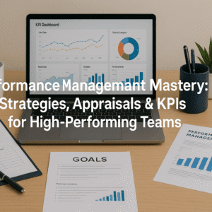 Modern UK-style workspace showing performance management training visuals, KPI dashboards, appraisal forms and a focused learner.