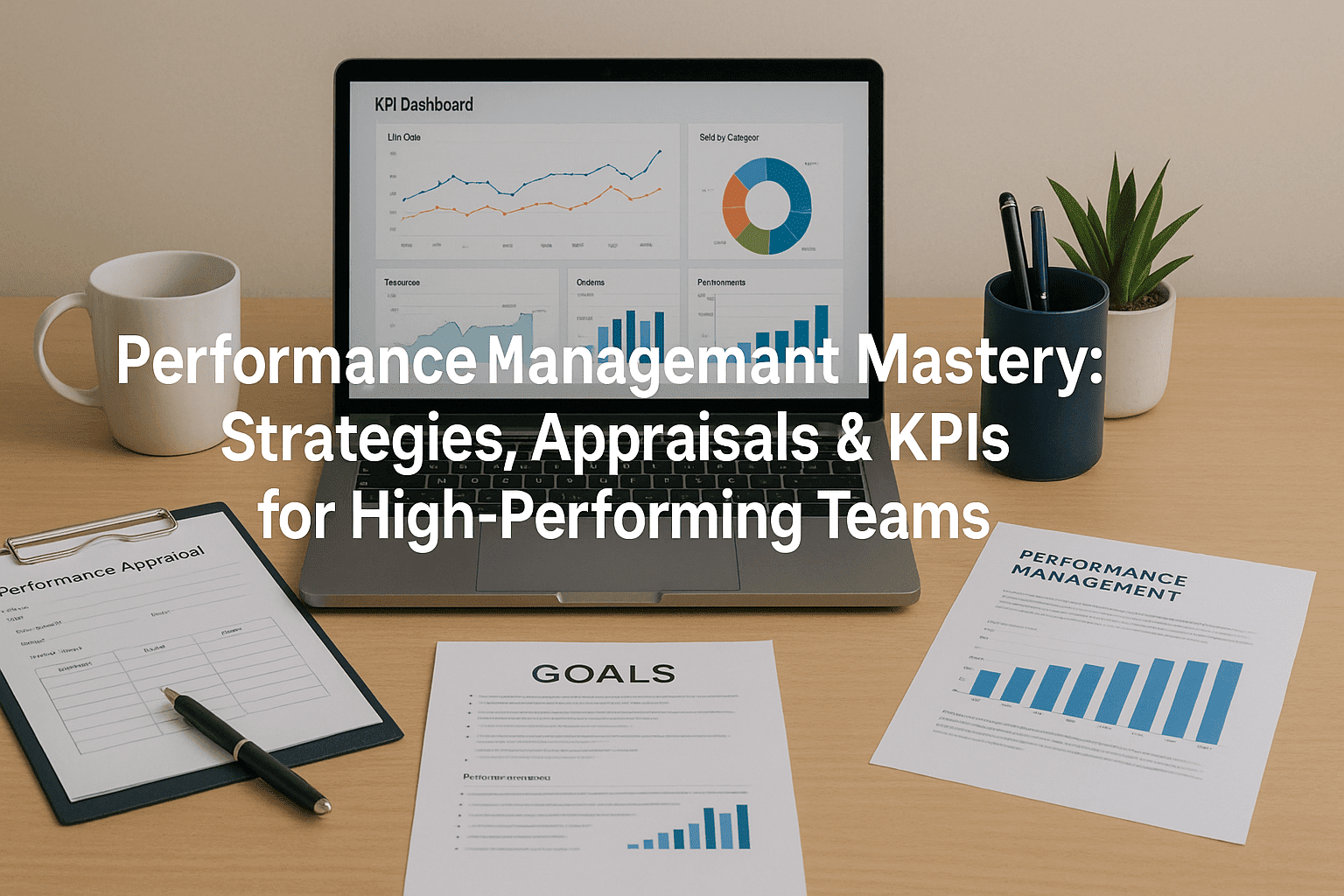 Modern UK-style workspace showing performance management training visuals, KPI dashboards, appraisal forms and a focused learner.