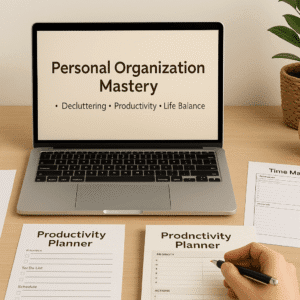 A UK learner organising study materials, decluttering tools and productivity worksheets for the Personal Organization Mastery course.