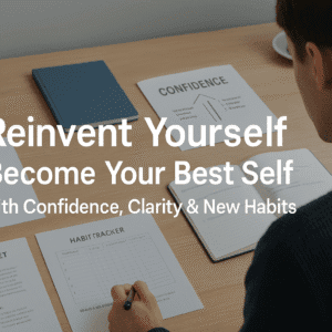 A UK learner studying personal reinvention strategies at a tidy desk with habit planners and mindset tools.