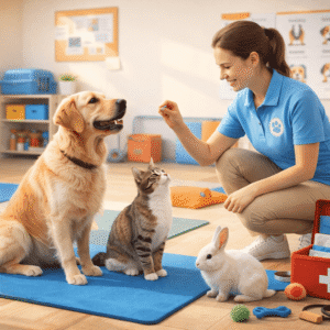 Trainer working with dogs, cats and rabbits in a Pet Training Course with behaviour, care and first aid visuals