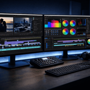 Premiere pro editing workspace showing professional video timeline, colour tools and broadcast-ready project setup