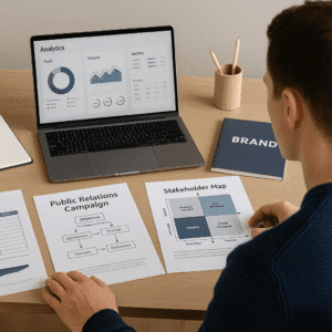 A UK learner developing PR strategies, reviewing media plans, and analysing communication dashboards for a public relations diploma.
