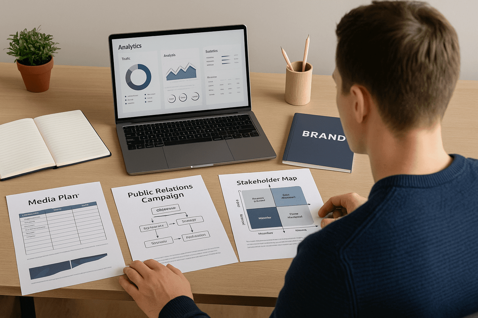 A UK learner developing PR strategies, reviewing media plans, and analysing communication dashboards for a public relations diploma.