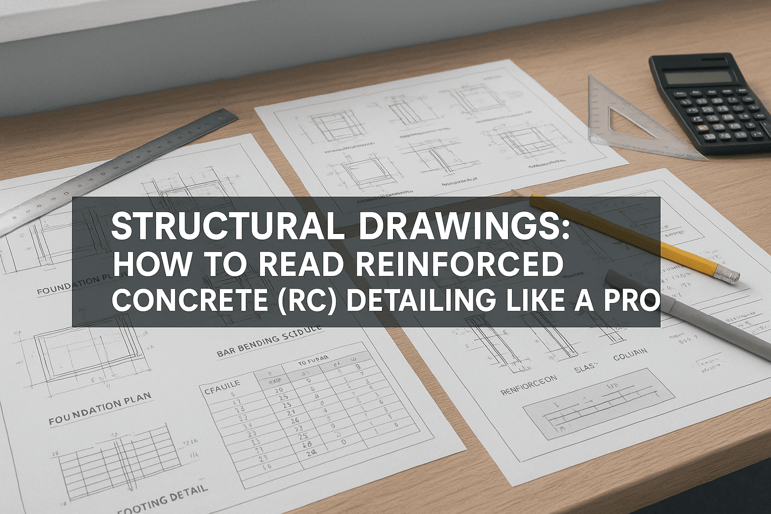 UK-style engineering desk with RC drawings, reinforcement details and tools designed for an rc detailing course.