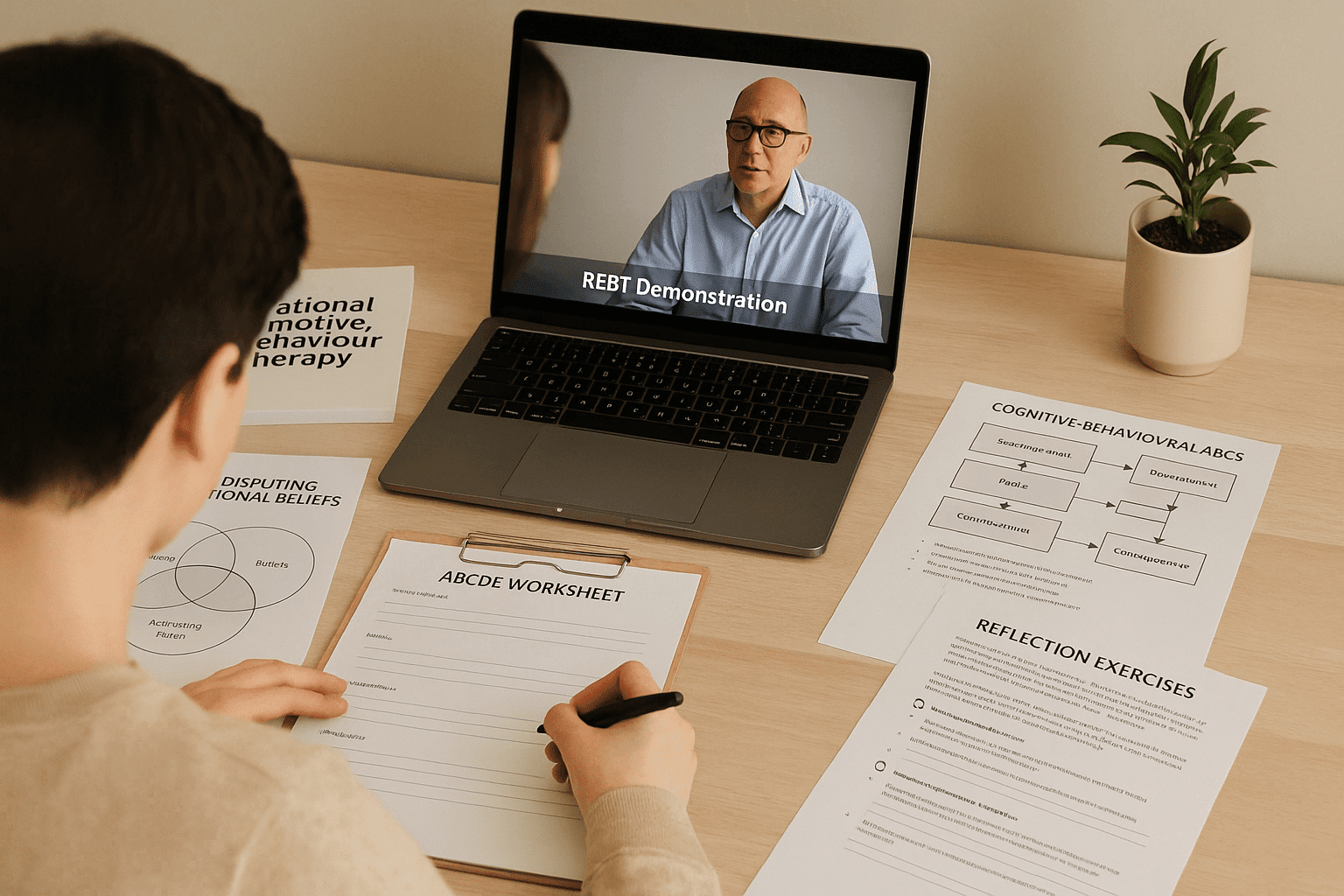 A UK learner studying REBT worksheets and therapeutic tools during the REBT Practitioner Training course.