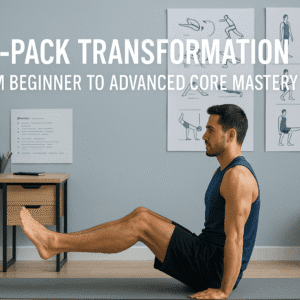 UK-style fitness desk setup showing learner practising core drills with workout visuals, highlighting six pack training.