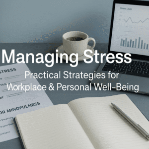 A calm UK-style workspace with mindfulness tools, notes, and a laptop displaying stress-management charts for stress management training.