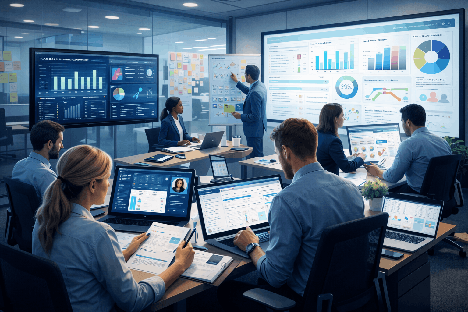 Human resources management training showing HR professionals working with recruitment, performance and employee engagement tools