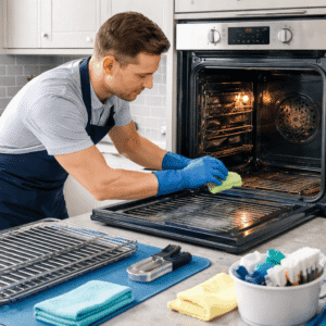 Professional technician cleaning a modern UK oven during an oven cleaning course, using approved tools, safety gloves, and professional methods.