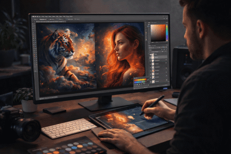 Photoshop CC Masterclass showing a designer creating digital artwork and photo edits on a professional workspace