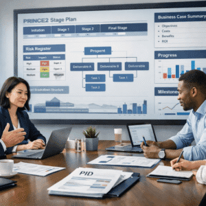 PRINCE2 project management training shown in a modern UK business project planning environment with charts and timelines