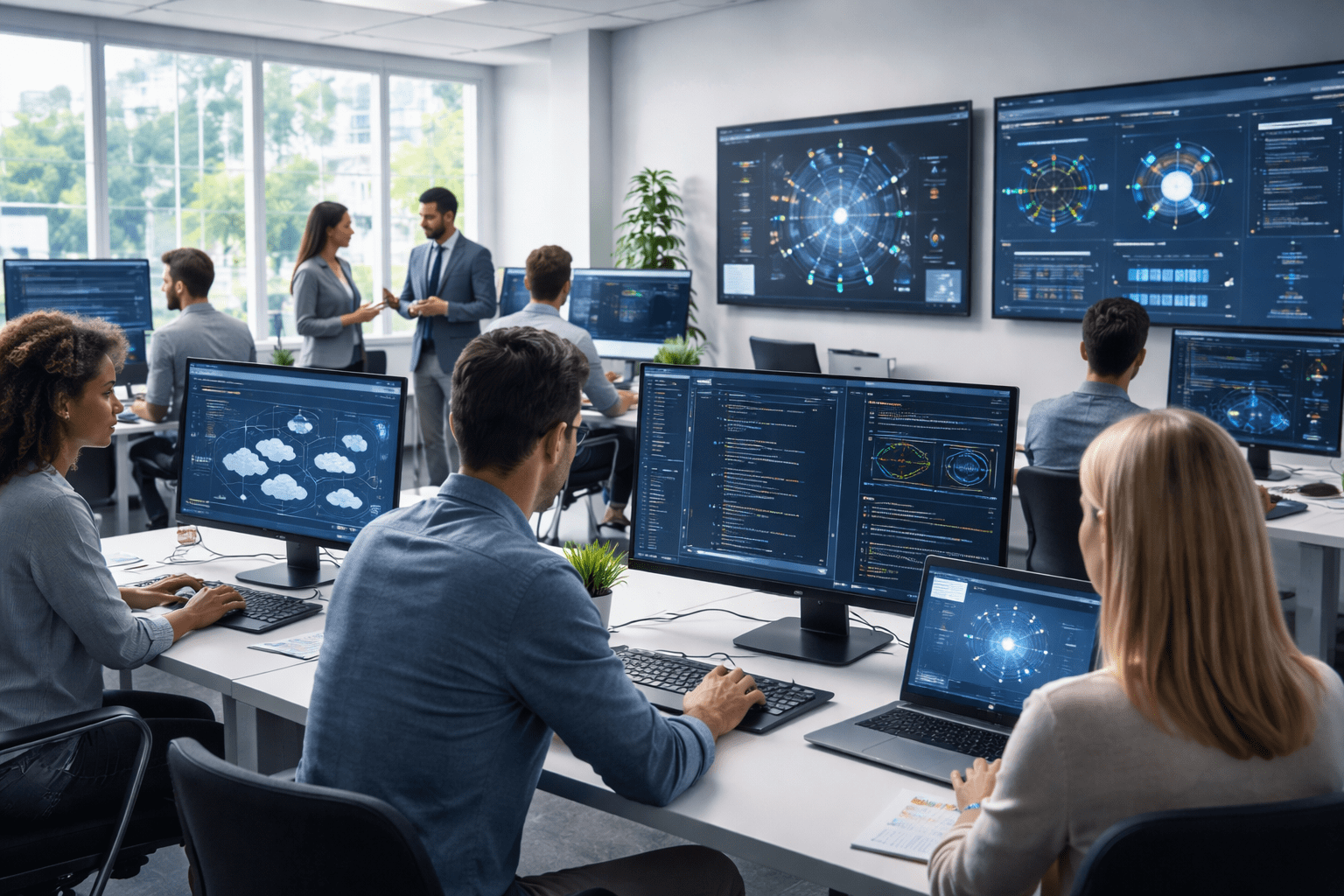 Students learning advanced software engineering diploma skills in cloud computing, AI systems, and enterprise development